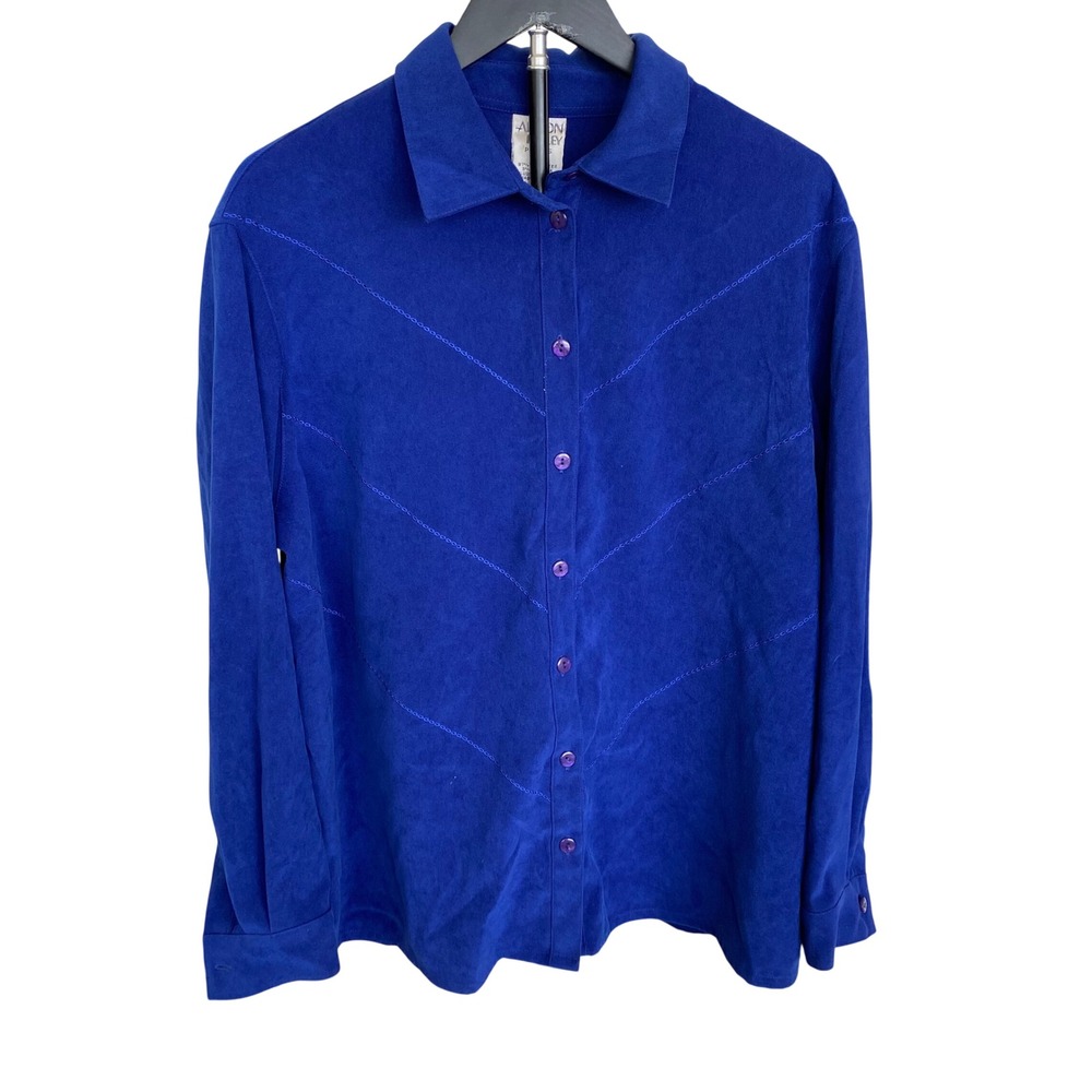 Allison Daley Petites Royal Blue Faux Suede Chevron Embroidered Blouse 16P